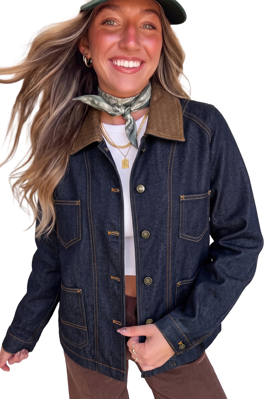Navy Blue Contrast Collar Denim Jacket