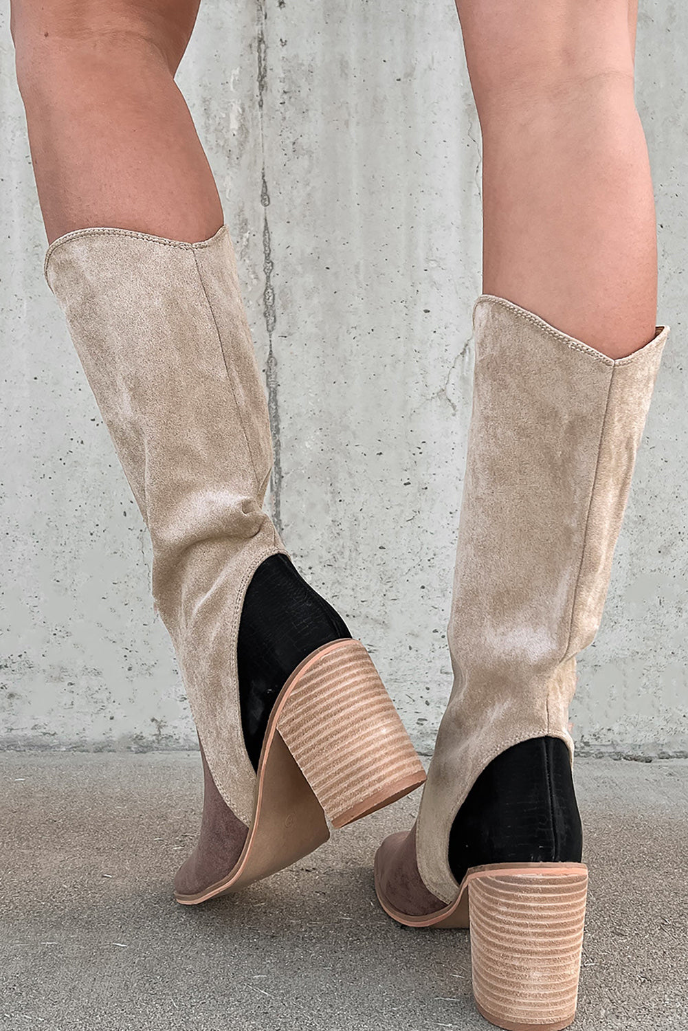 Coffee Color Block Suede Calf Length Chunky Heel Boots