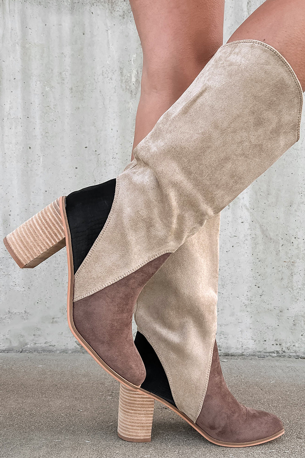 Coffee Color Block Suede Calf Length Chunky Heel Boots