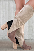 Coffee Color Block Suede Calf Length Chunky Heel Boots