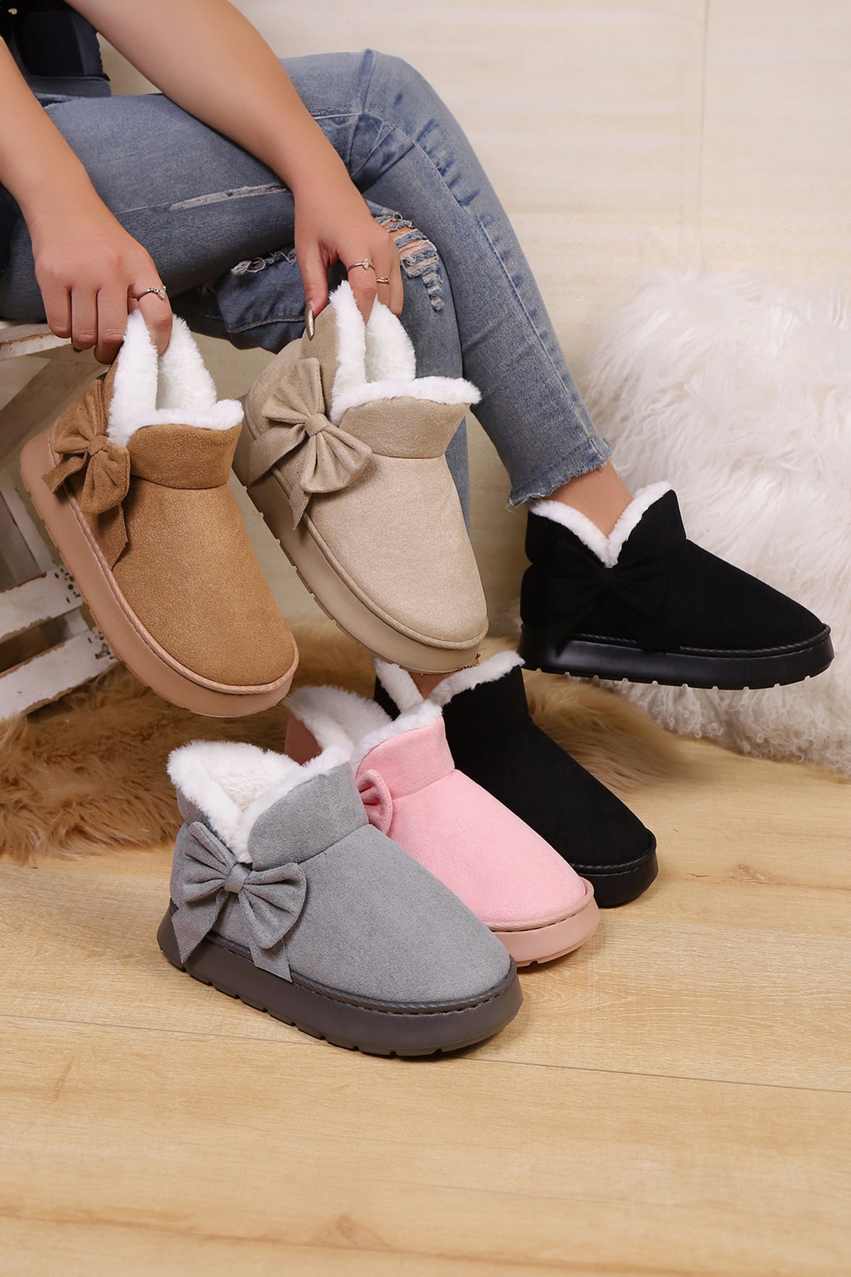 Faux Suede Bow Decor Plush Lining Snow Booties