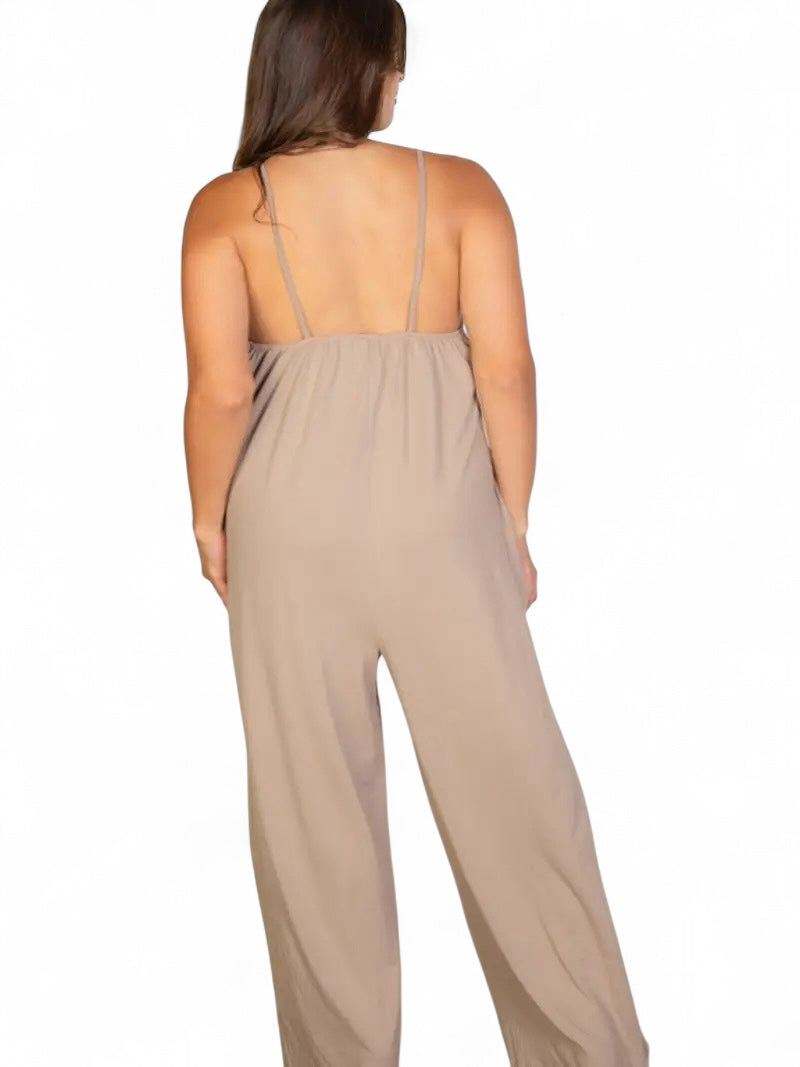Curvy Spaghetti Strap Solid Wide Jumpsuit  {BP5554X}