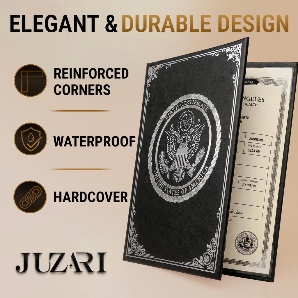 Birth Certificate Holder 8.5x11 Black Faux Leather Document Protector for Records Letter Size Durable Birth Certificate Document Holder Sleeve Protective Keepsake Folder with Silver Foil Cover