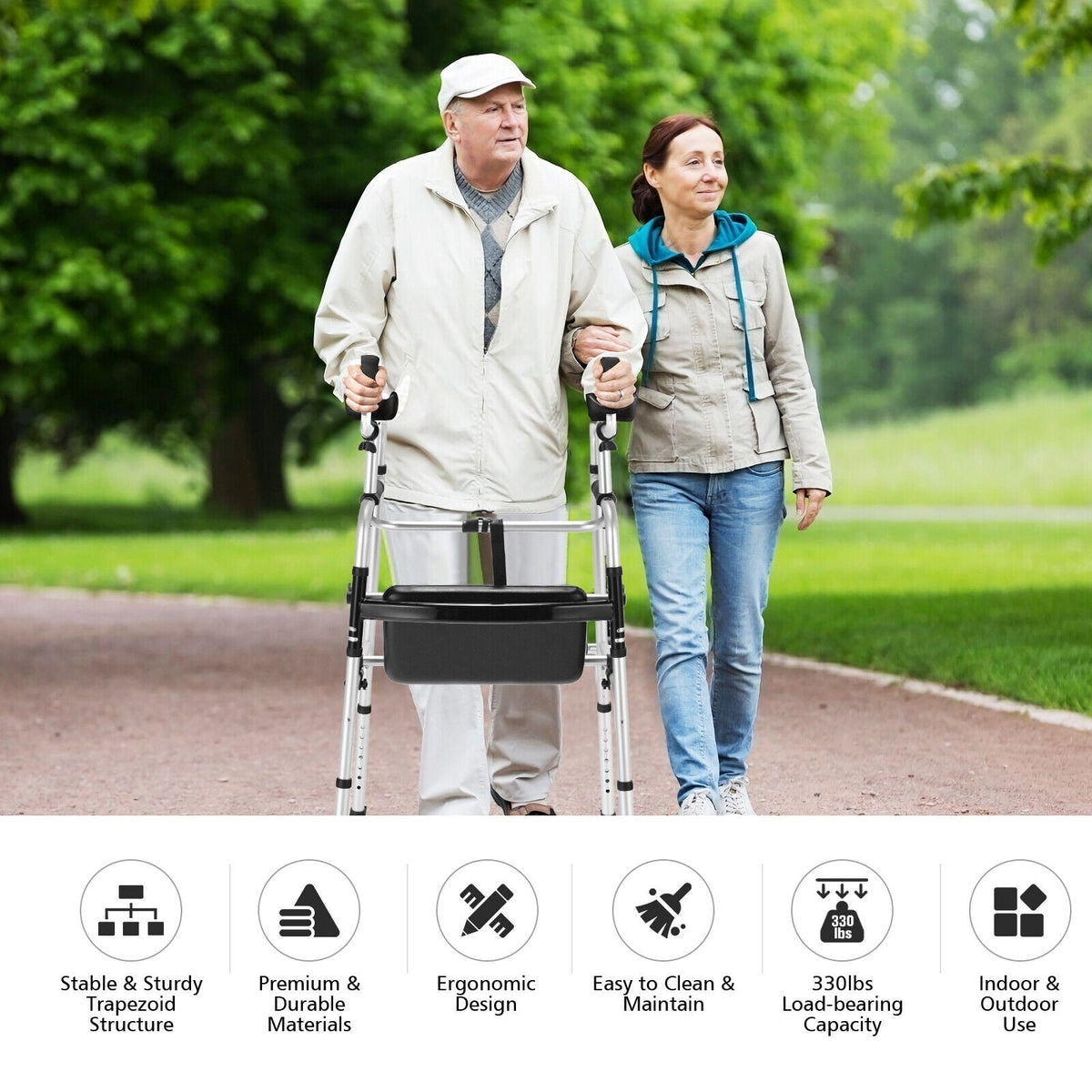 Height Adjustable Rolling Walker With Seat and Armrest Pad