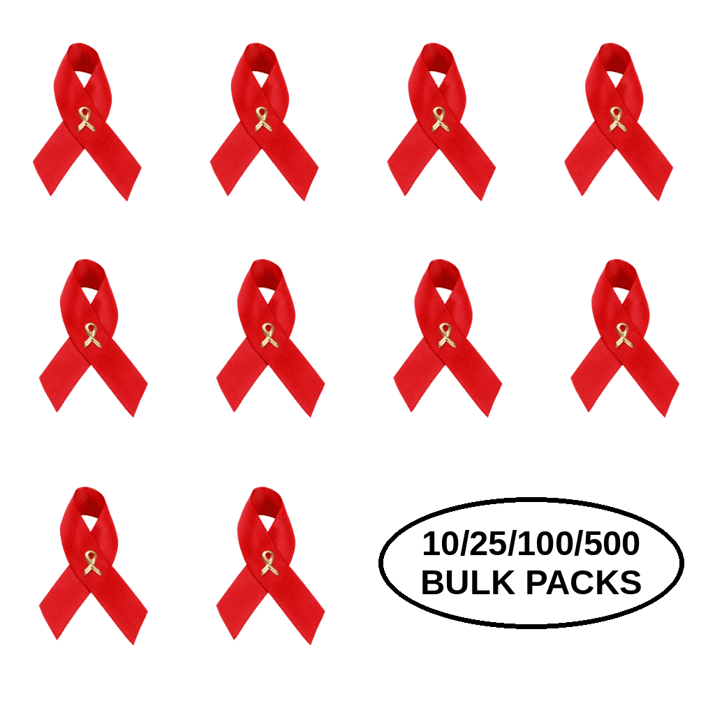 10/25/100/500 Pack Satin Red Ribbon Awareness Pins