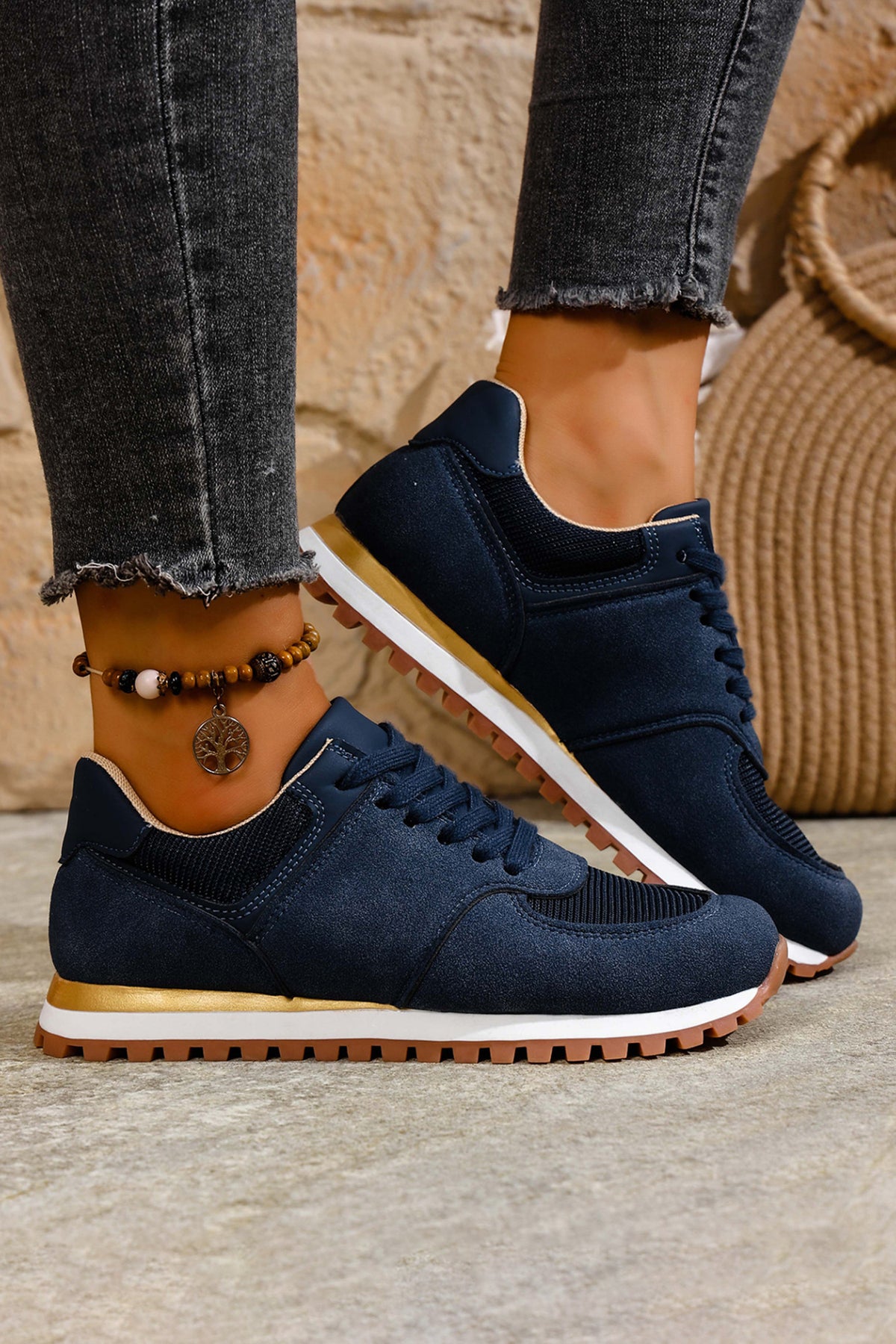 Faux Suede Mixed Patchwork Retro Jogger Sneakers