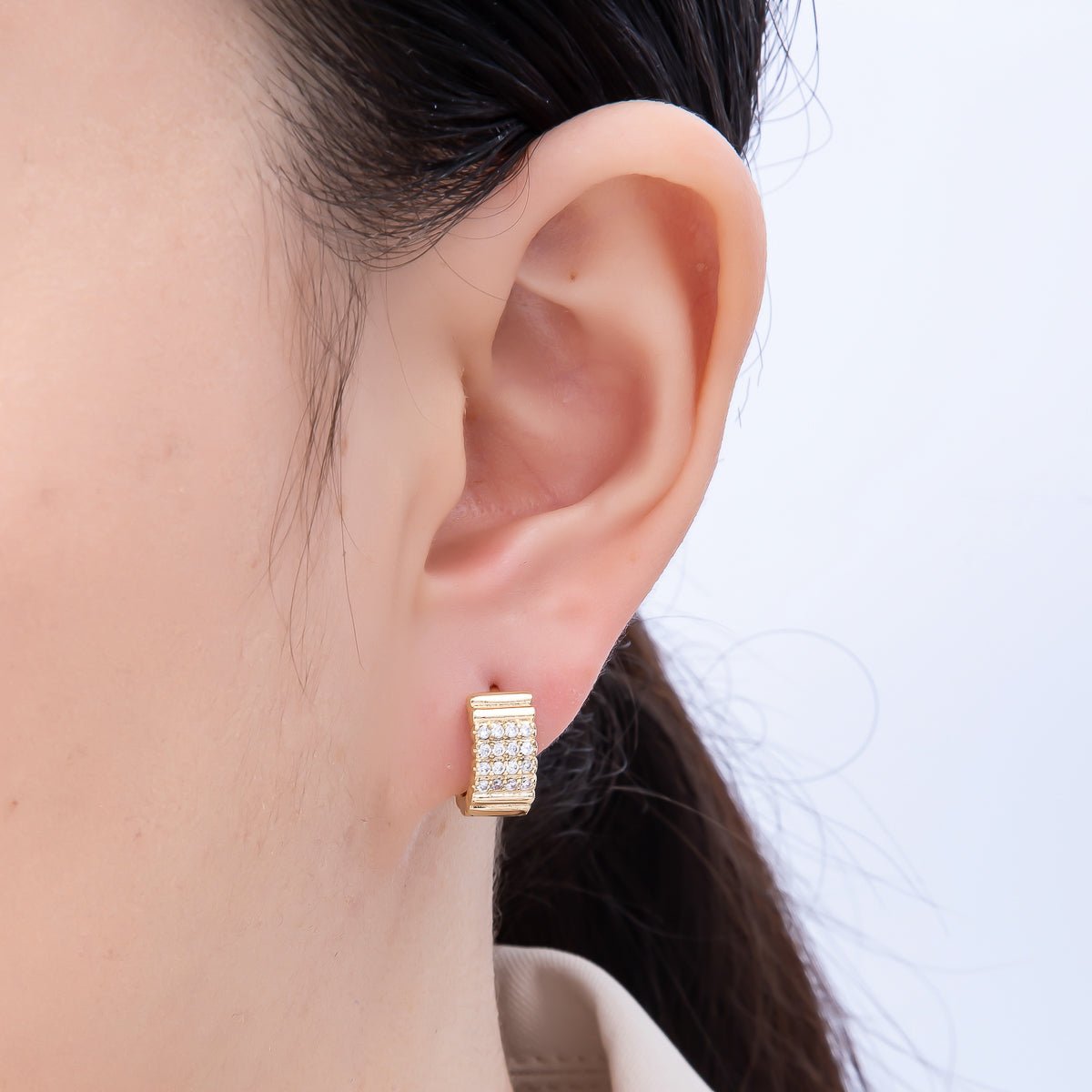 14K Gold Filled 13.5mm Micro Paved CZ Ribbed Rows Geometric Huggie | Earrings-00263