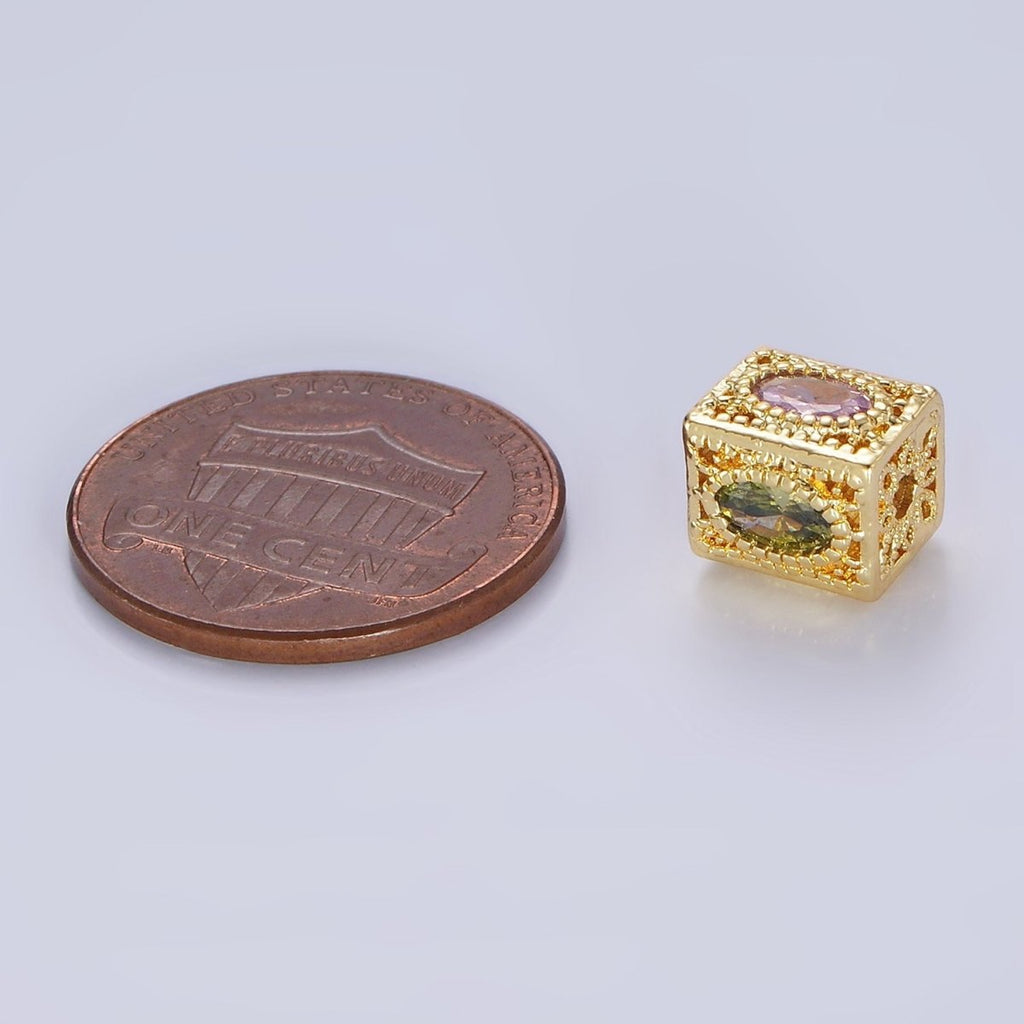 14K Gold Filled 8mm Multicolor Oval CZ Flower Filigree Rectangular Bead | B883