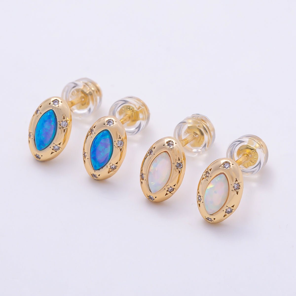 14K Gold Filled 9.5mm White, Blue Opal CZ Star Dotted Marquise Navette Bezel Stud | Earrings-00466 Earrings-00467