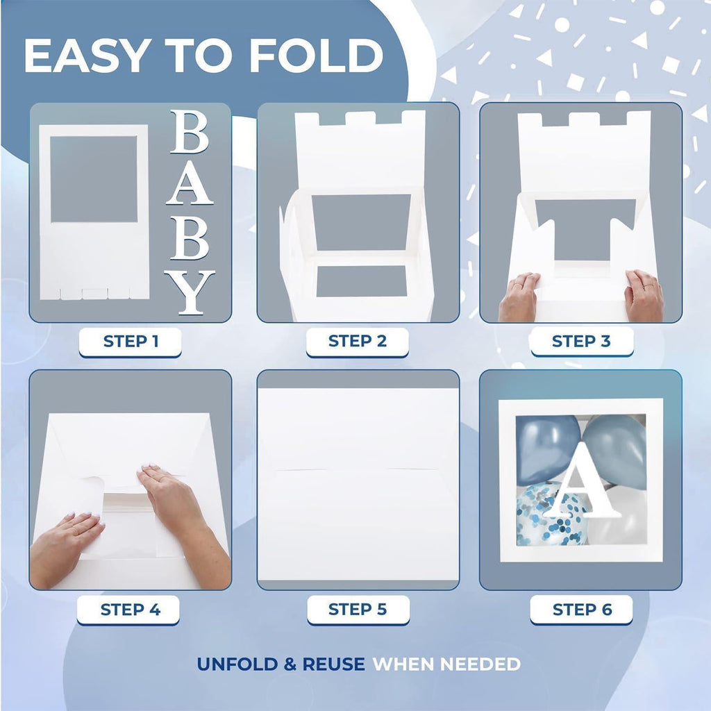Baby Shower Boxes with Letters 44 Pcs White Boxes with White Dusty Blue Light Blue and Confetti Balloons Gender Reveal & Party Decoration Set by