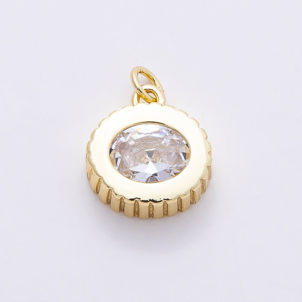 16K Gold Filled 16mm Clear CZ Ribbed Round Solitaire Charm | Charms-00758