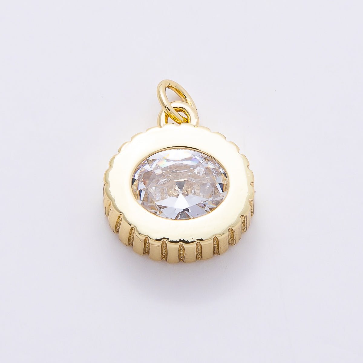 16K Gold Filled 16mm Clear CZ Ribbed Round Solitaire Charm | Charms-00758