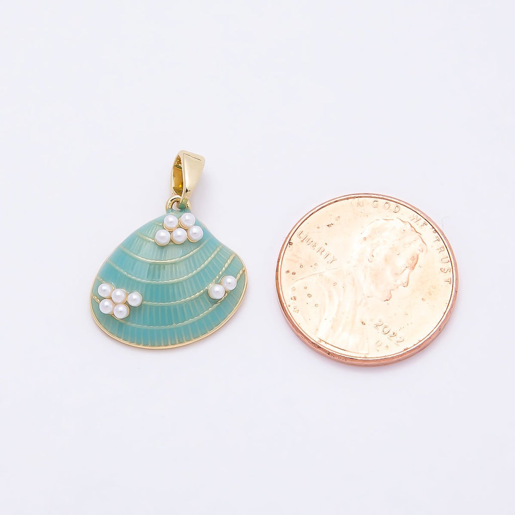 16K Gold Filled 16mm Shell Pearl Blue Enamel Clam Sea Shell Pendant | Charms-00949
