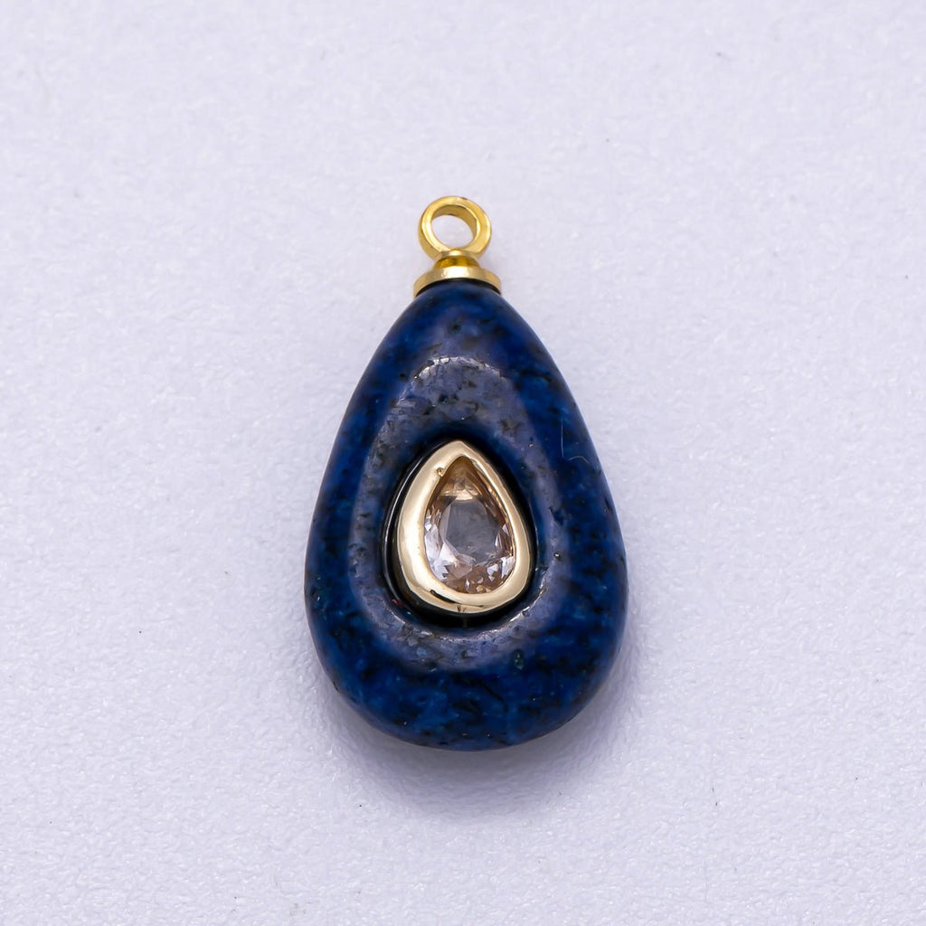 16K Gold Filled 18mm Clear CZ Embedded Blue Lapis Lazuli Teardrop Charm | Charms-00579