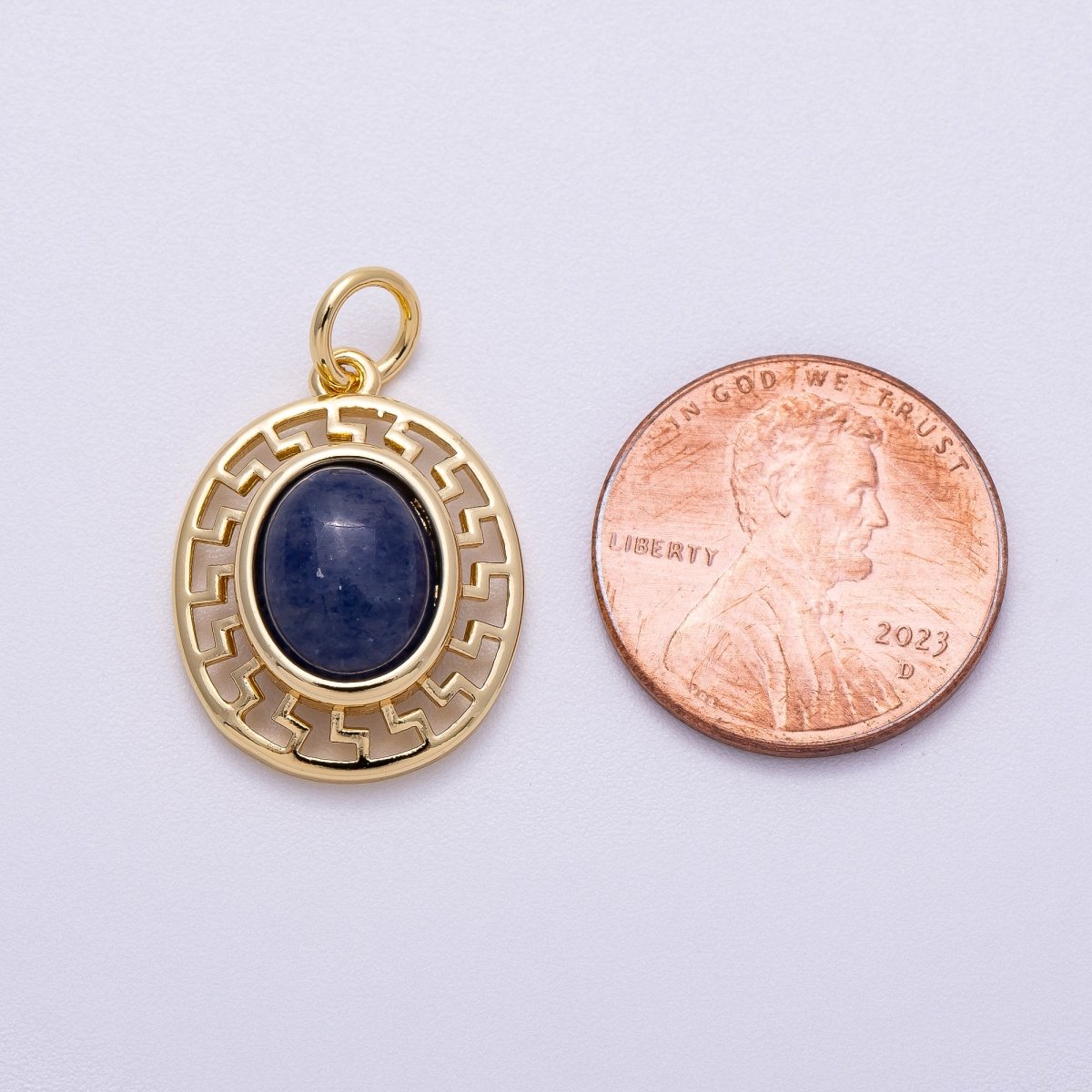 16K Gold Filled 20mm Blue Kyanite Cabochon Gemstone Open Filigree Geometric Bezel Oval Charm | Charms-00599