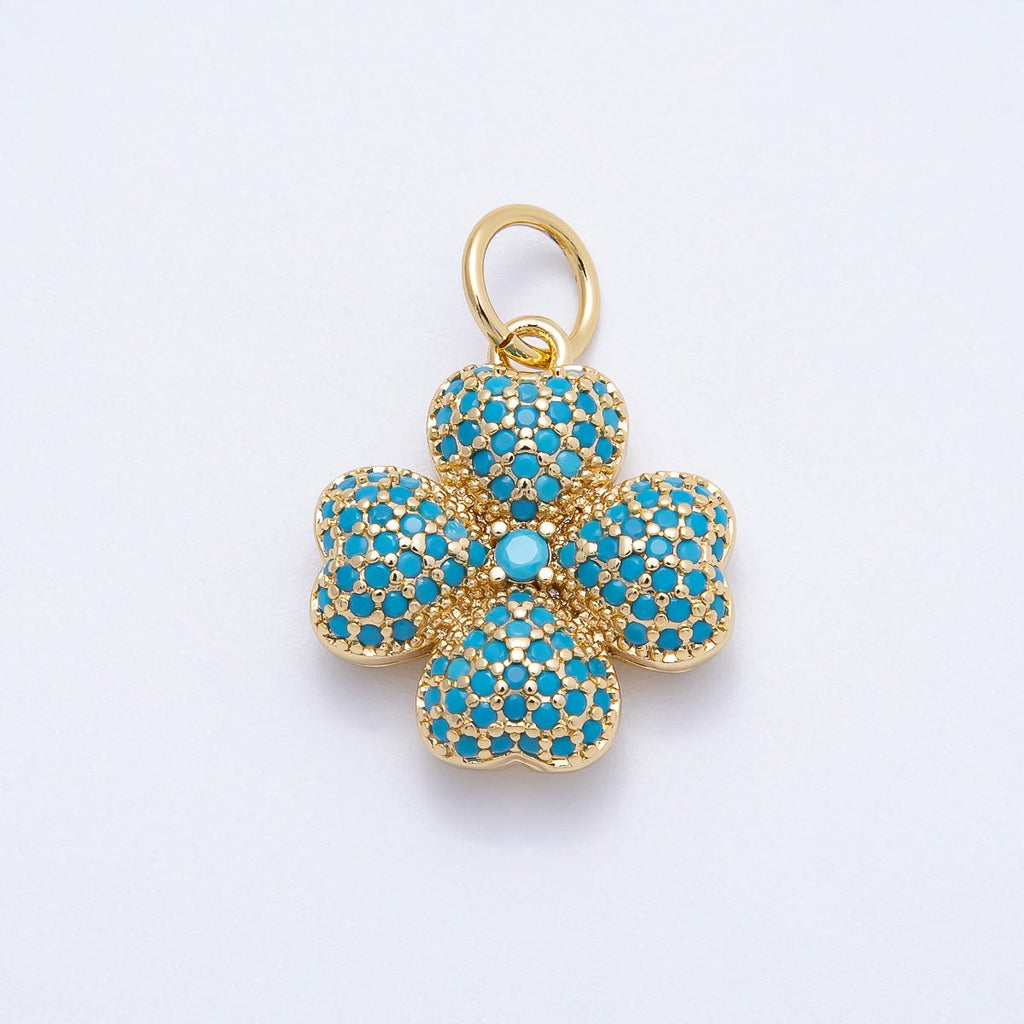 16K Gold Filled 22mm Turquoise, Clear Micro Paved CZ Lucky Leaf Clover Charm | Charms-00661 Charms-00662