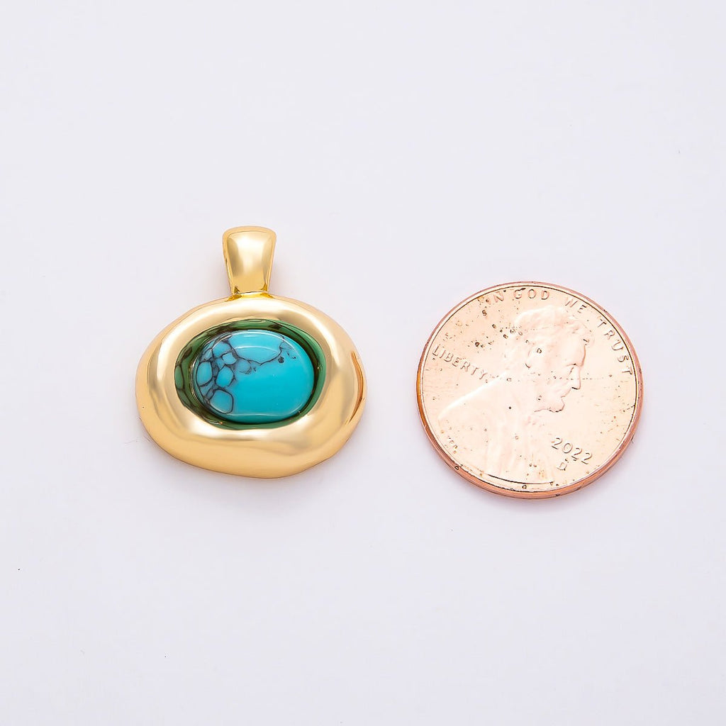16K Gold Filled 22mm Turquoise Cabochon Gemstone Oval Molten Bezel Pendant | Charms-00786