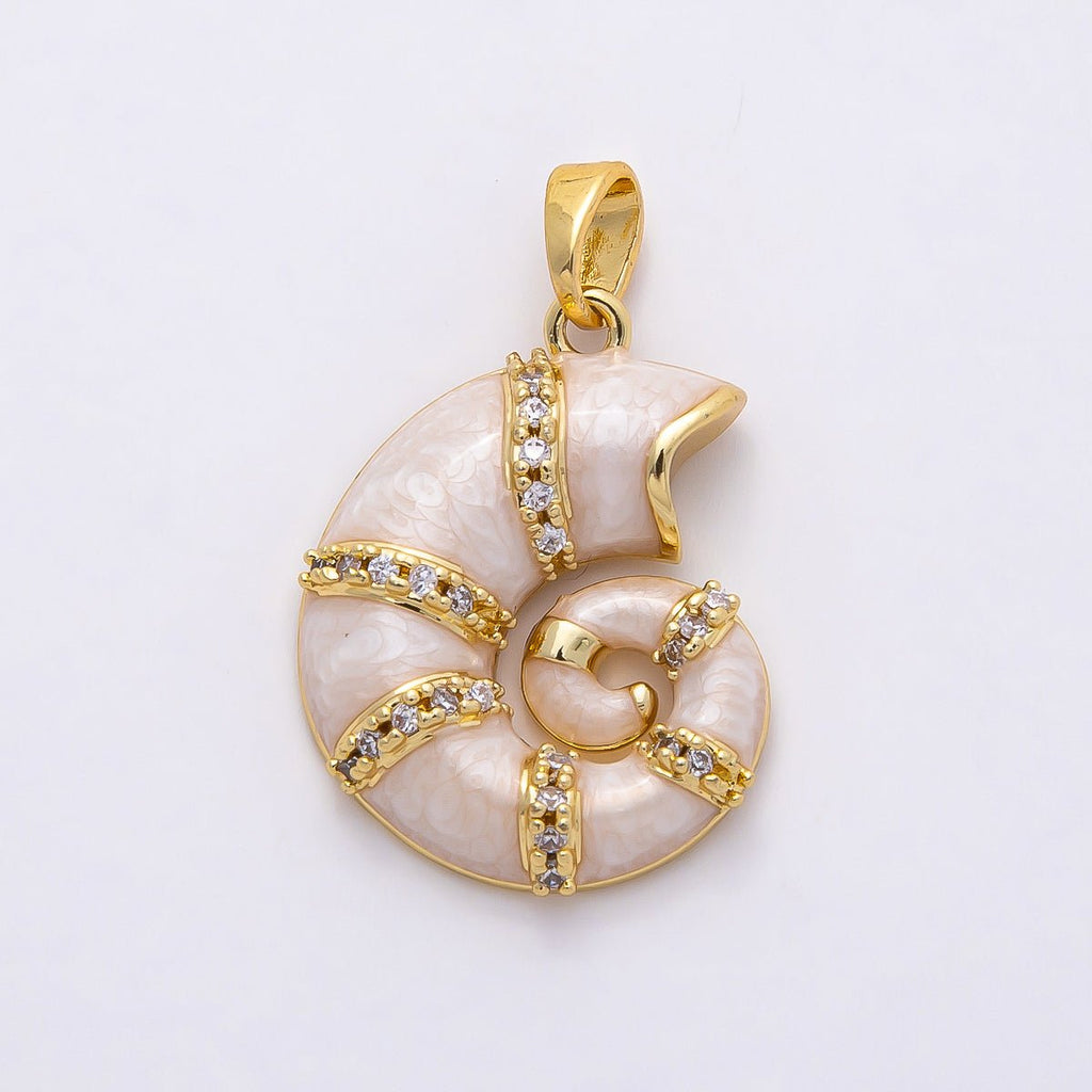 16K Gold Filled 22mm White Glitter Enamel Micro Paved CZ Conch Sea Shell Pendant | Charms-00771
