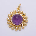 16K Gold Filled 23mm Amethyst, Carnelian Cabochon Gemstone Celestial Sun Ray Charm | Charms-00610 Charms-00611