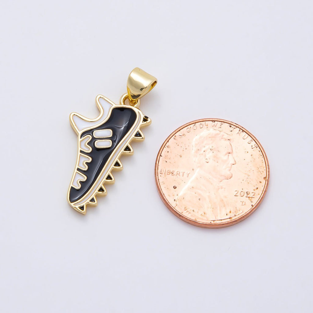 16K Gold Filled 23mm White Black Enamel Soccer Football Shoes Pendant | Charms-01106