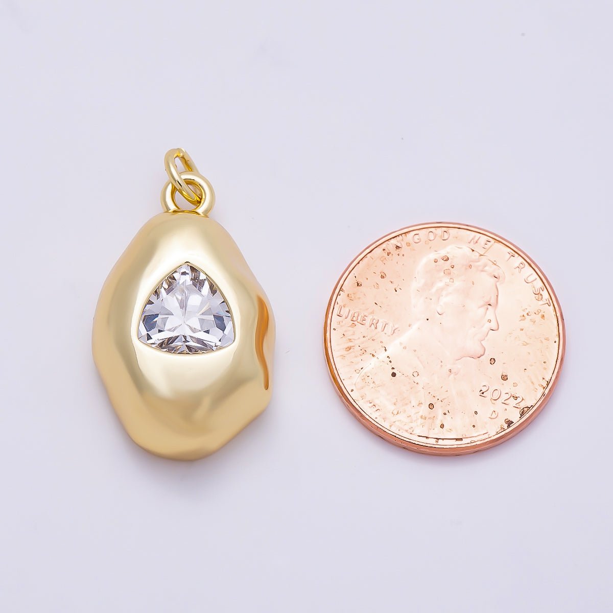 16K Gold Filled 23mm Clear CZ Triangle Geometric Molten Bezel Chubby Charm | Charms-01357