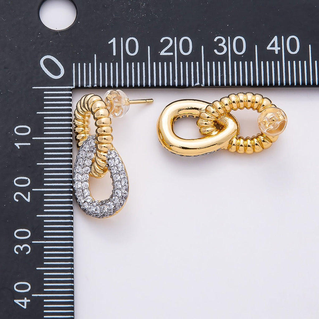 16K Gold Filled 23mm Micro Paved CZ Ribbed Geometric Interlock Drop Stud Earrings | Earrings-00363