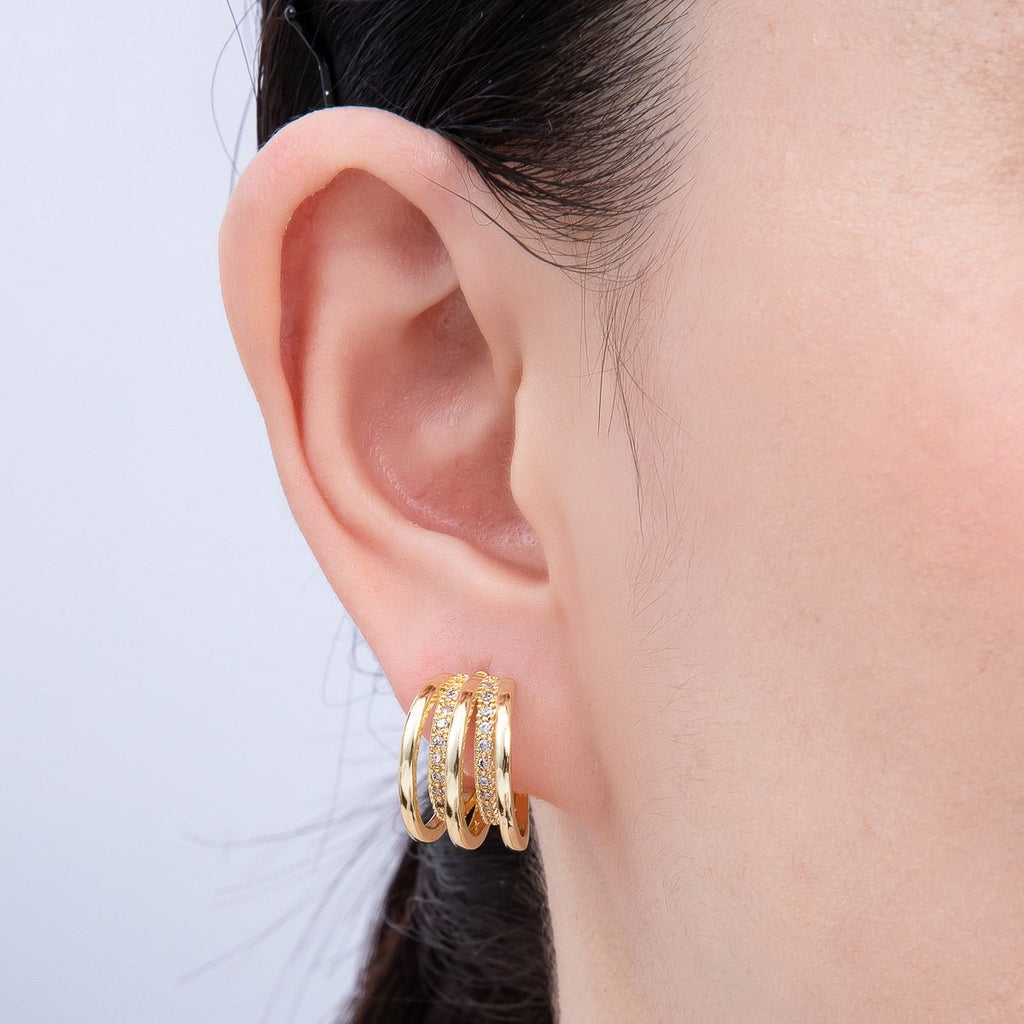 16K Gold Filled 24mm Micro Paved CZ Triple Band C-Shaped Hoop Earrings in Gold & Silver | Earrings-00326 Earrings-00327