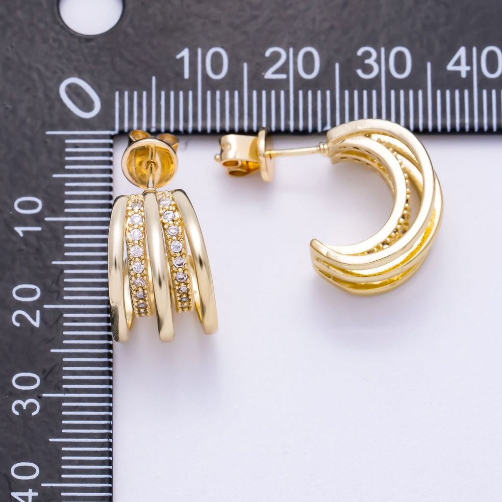 16K Gold Filled 24mm Micro Paved CZ Triple Band C-Shaped Hoop Earrings in Gold & Silver | Earrings-00326 Earrings-00327