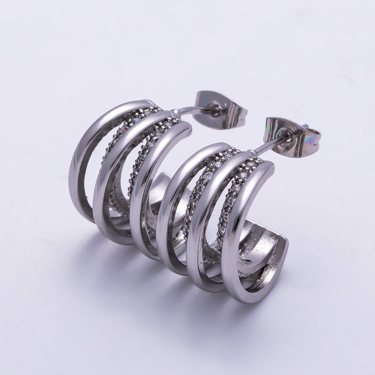 16K Gold Filled 24mm Micro Paved CZ Triple Band C-Shaped Hoop Earrings in Gold & Silver | Earrings-00326 Earrings-00327