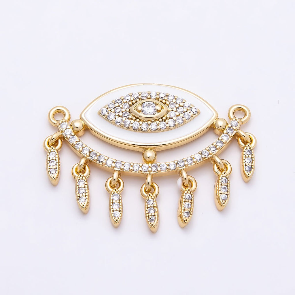 16K Gold Filled 25mm Micro Paved CZ Shell Pearl Evil Eye Curved Connector | Connectors-00020