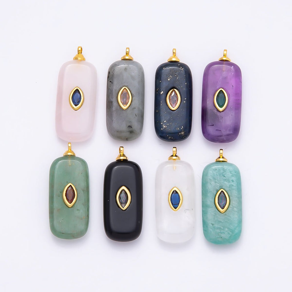 16K Gold Filled 30mm Multicolor CZ Embedded Gemstone Rectangular Pendant | Charms-00826 ~ Charms-00833