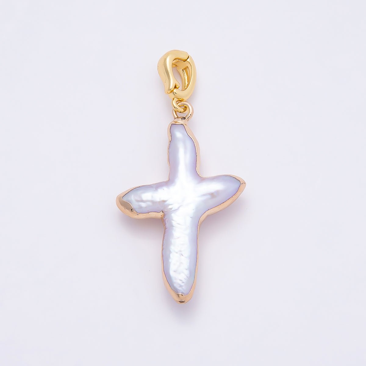 16K Gold Filled 32.5mm Freshwater Pearl Religious Cross Snap Latch Pendant | Charms-00810