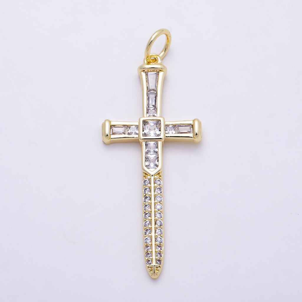 16K Gold Filled 43mm Baguette Micro Paved CZ Sword Cross Religious Pendant | Charms-01385