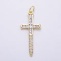 16K Gold Filled 43mm Baguette Micro Paved CZ Sword Cross Religious Pendant | Charms-01385