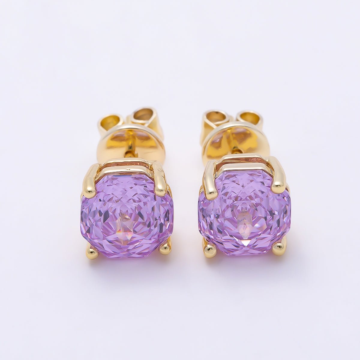 16K Gold Filled 8mm Clear, Purple, Pink CZ Prong Hexagon Round Stud Earrings | Earrings-00716 ~ Earrings-00719