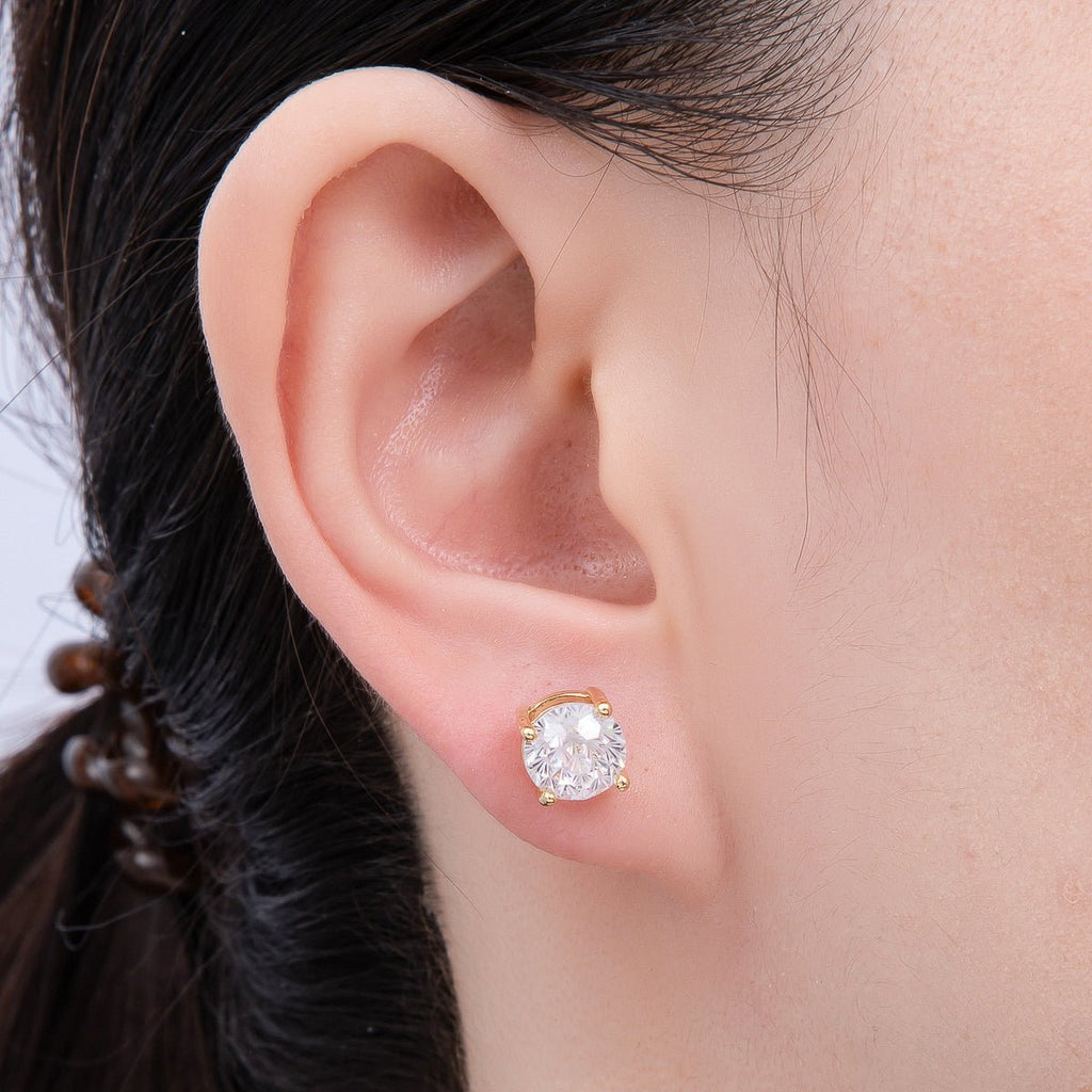 16K Gold Filled 8mm Round CZ Solitaire Bezel Stud Earrings | Earrings-00329