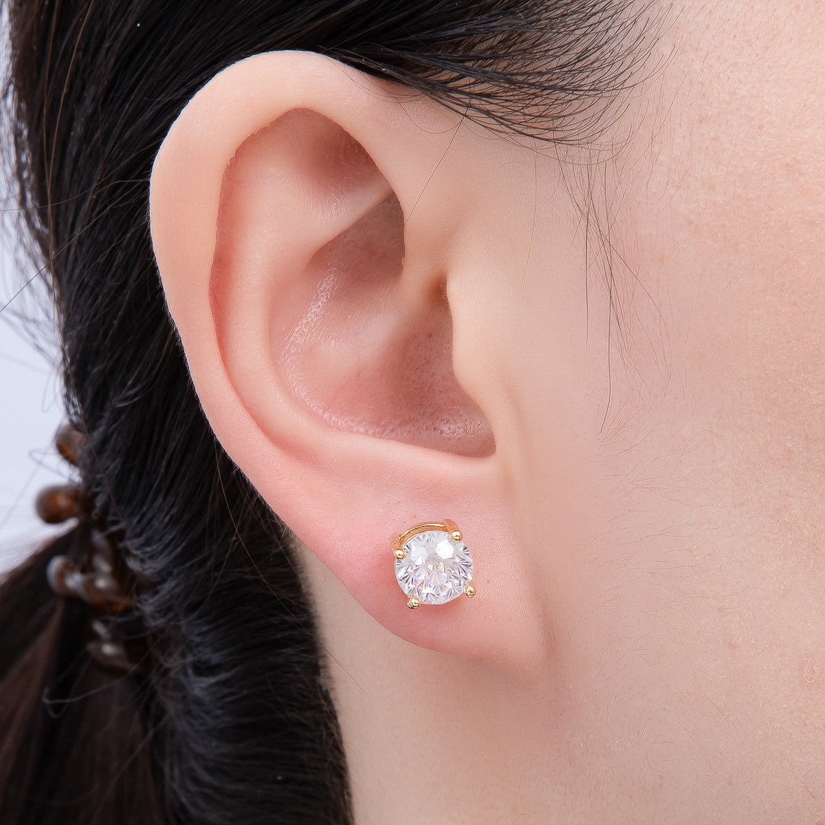 16K Gold Filled 8mm Round CZ Solitaire Bezel Stud Earrings | Earrings-00329