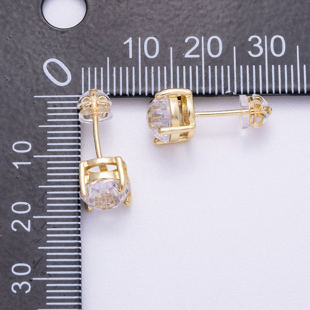 16K Gold Filled 8mm Round CZ Solitaire Bezel Stud Earrings | Earrings-00329