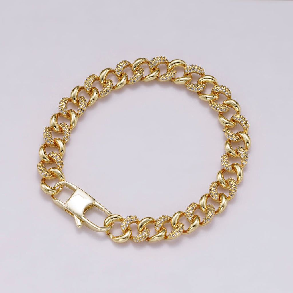16K Gold Filled 9mm Micro Paved CZ Curb Chain 7 Inch Bracelet | WA-04334