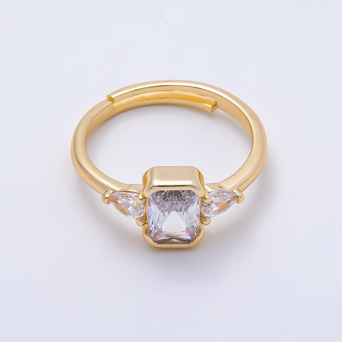 16K Gold Filled Clear Baguette Teardrop CZ Solitaire Adjustable Ring in Gold & Silver | Rings-00155 Rings-00156