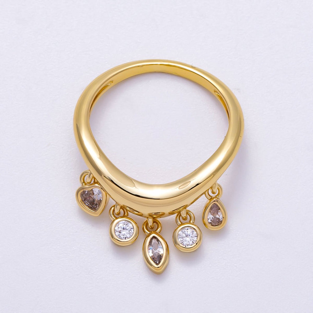 16K Gold Filled Clear CZ Drop Geometric Curved Ring | Rings-00075