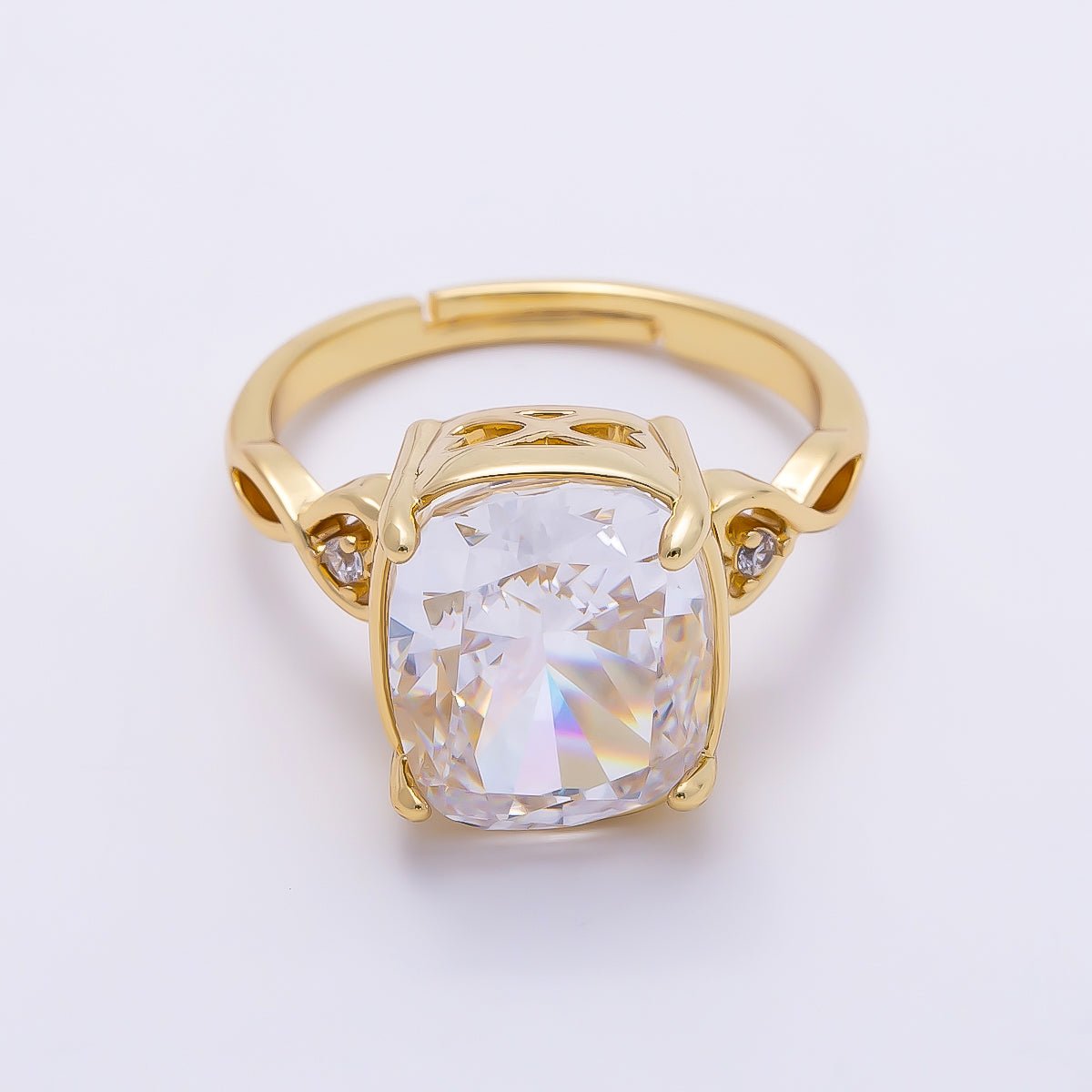 16K Gold Filled Clear CZ Rounded Oval Baguette Prong Solitaire Ring | Rings-00284