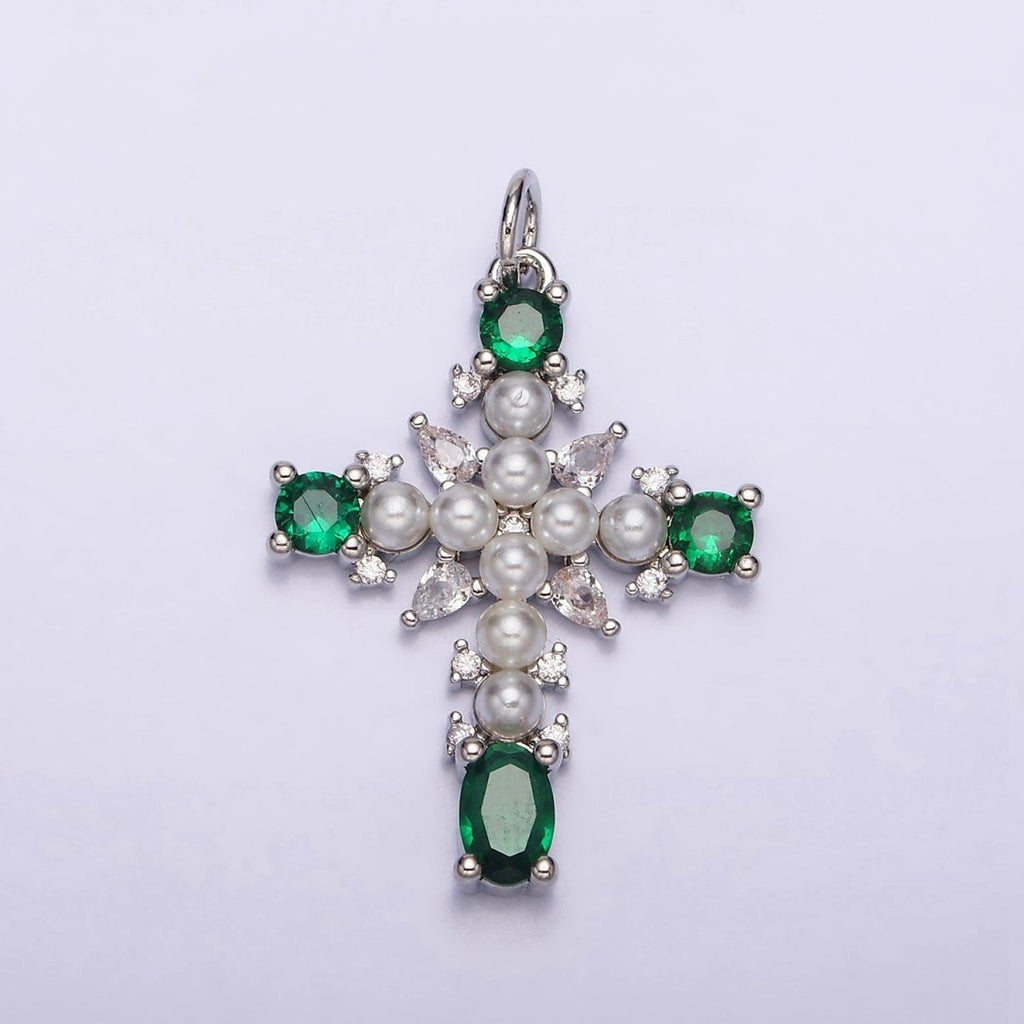 16K Gold Filled Green, Clear CZ Pearl Teardrop Religious Cross Charm in Gold & Silver | AC1416 - AC1419