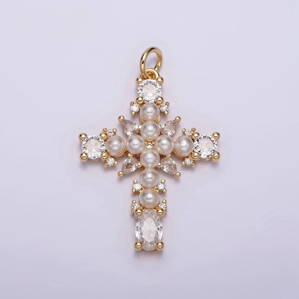 16K Gold Filled Green, Clear CZ Pearl Teardrop Religious Cross Charm in Gold & Silver | AC1416 - AC1419