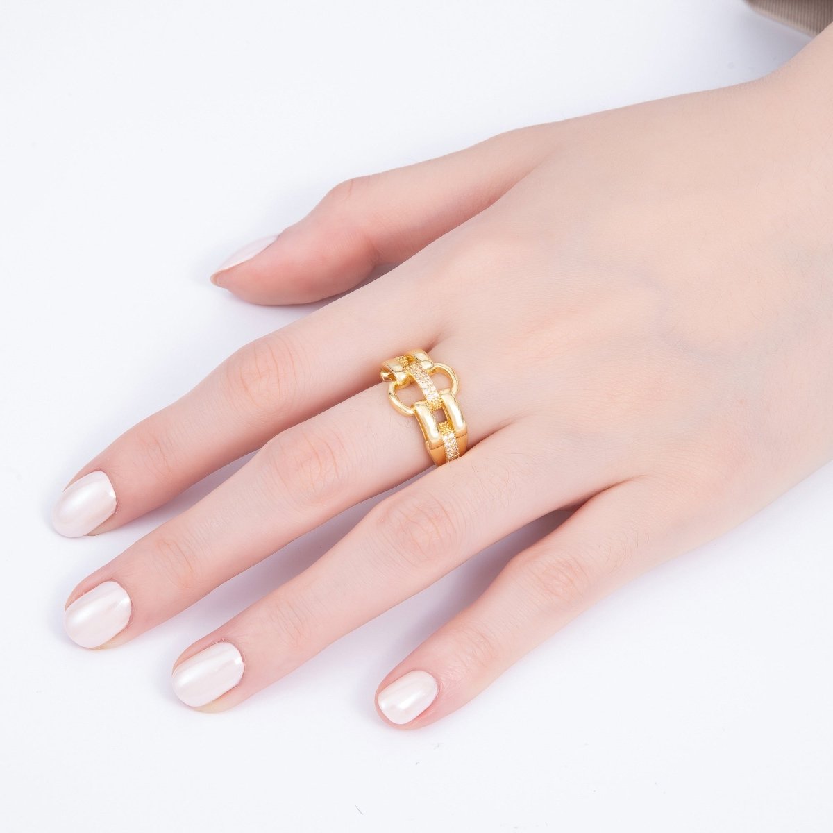 16K Gold Filled Micro Paved CZ Interlock Link Geometric Ring | Rings-00070