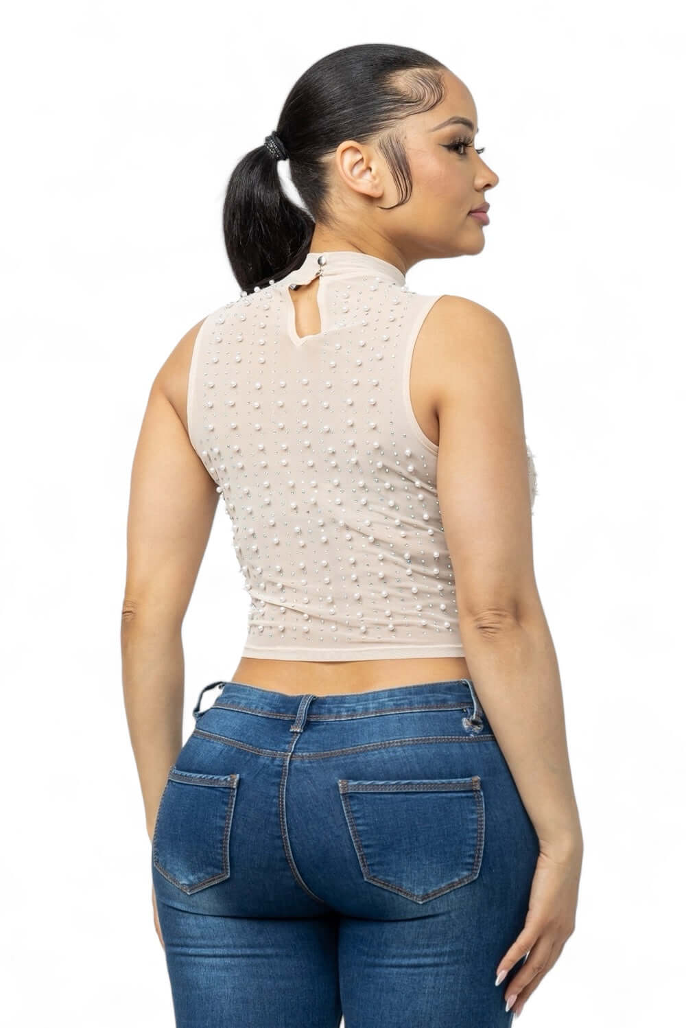 Mesh See Through  Pearls Studs Embellished Top