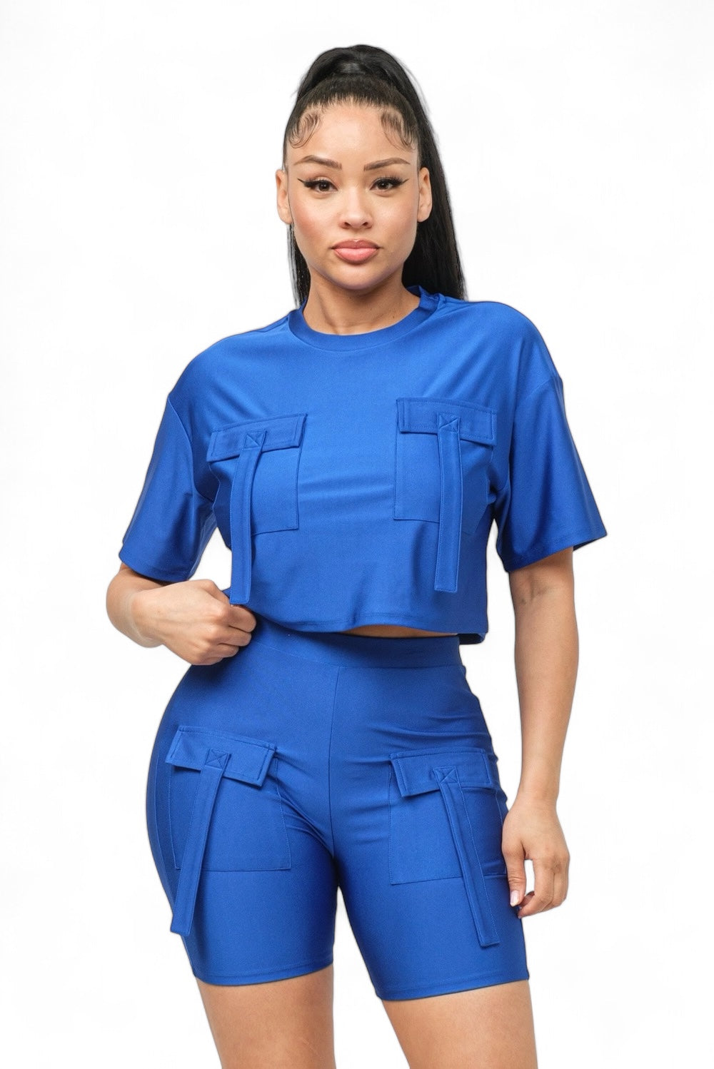 Front Pockets Detail Crop Top and Biker Shorts Set