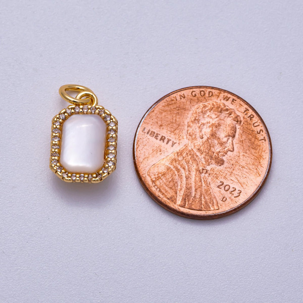 18K Gold Filled 13mm White Shell Pearl Micro Paved CZ Rectangle Bezel Mini Charm | Charms-00552