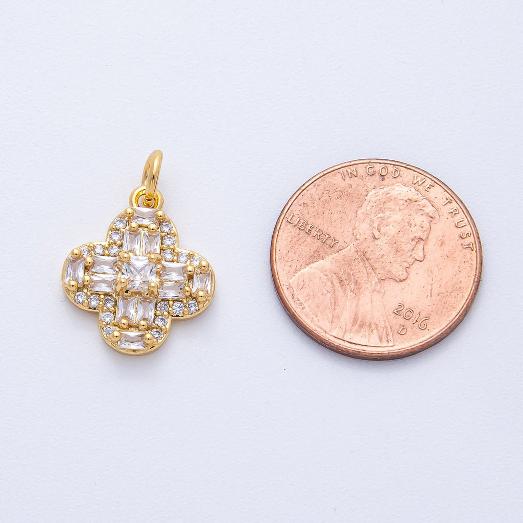 18K Gold Filled 16mm Clear Baguette Micro Paved CZ Clover Flower Charm | AK171