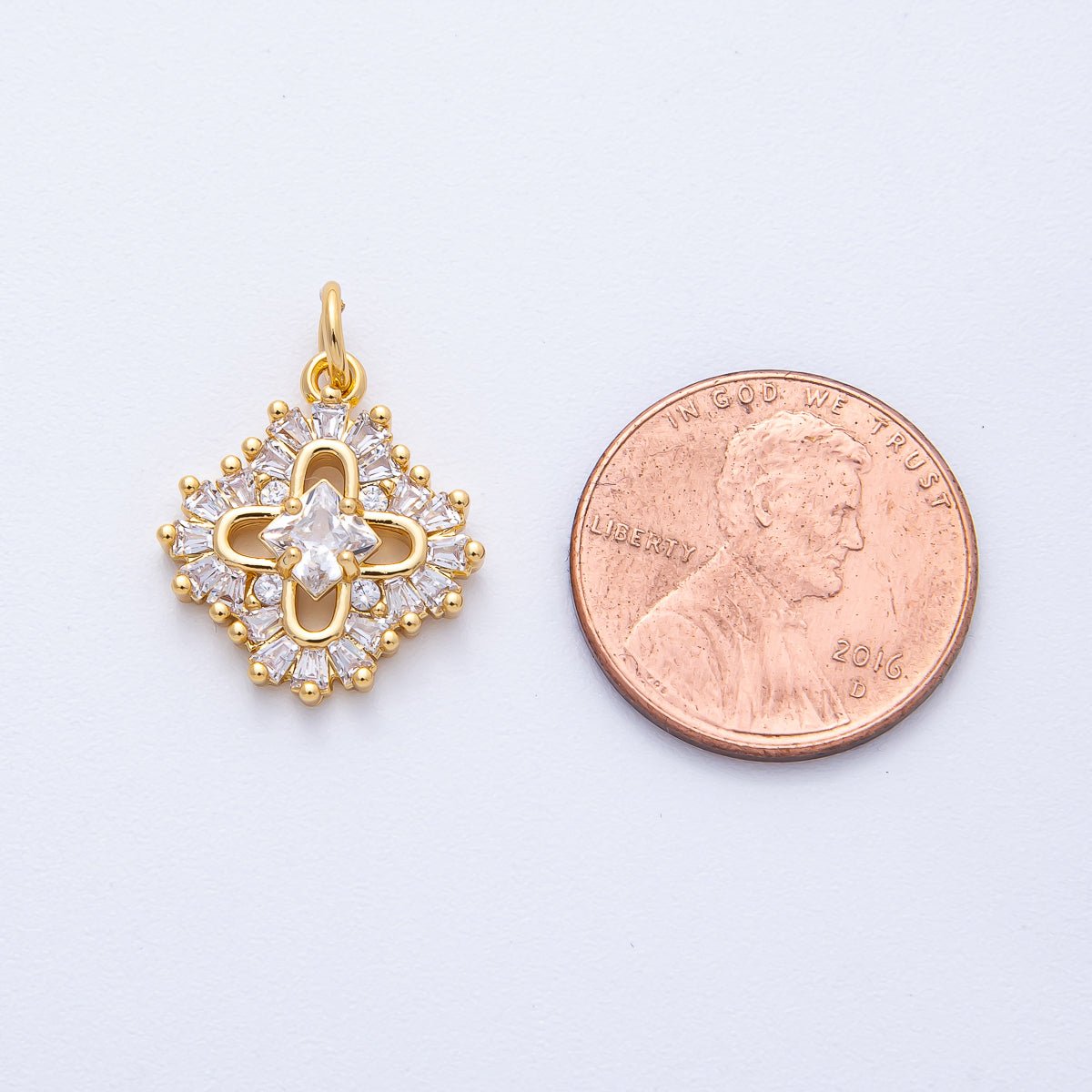 18K Gold Filled 17mm Clear Baguette CZ Clover Flower Open Charm | AK181
